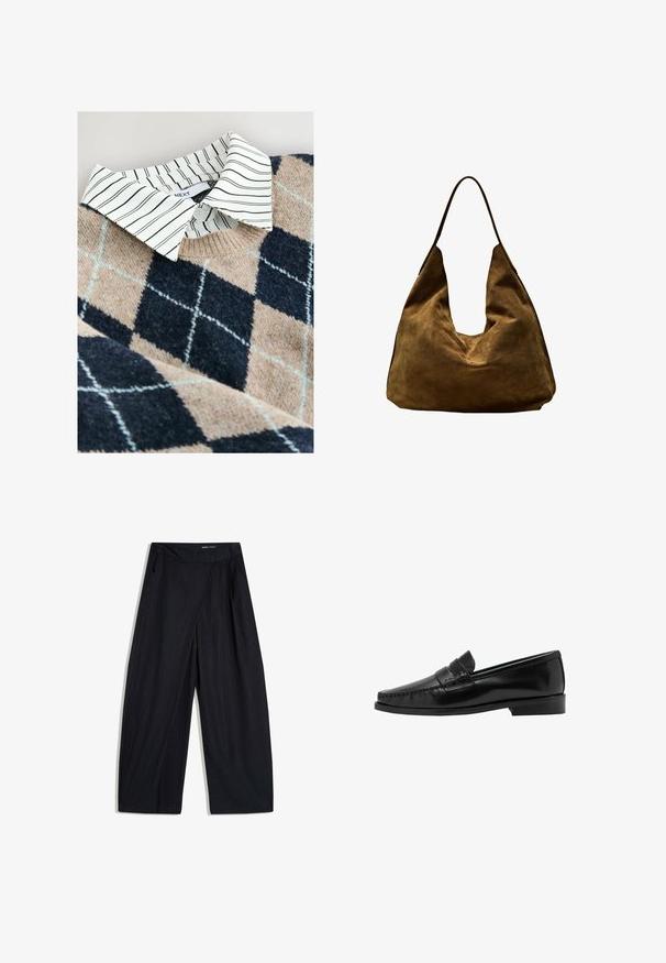 Pull en tricot avec un motif argyle beige et marine, accompagné d'une chemise coll classique à rayures blanches en dessous et d'un matériau texturé et doux.; Pantalon noir à jambes larges avec fines rayures discrètes, détail de chevauchement à l'avant, poches latérales et fermeture de ceinture dissimulée.; Mocassins en cuir noir avec un design de bout cousu et un talon bas. La tige présente une bride décorative. Texture de surface lisse et brillante.; Sac hobo en daim brun, souple, avec une large bandoulière unique, non structuré et légèrement froissé, présenté sur fond blanc.