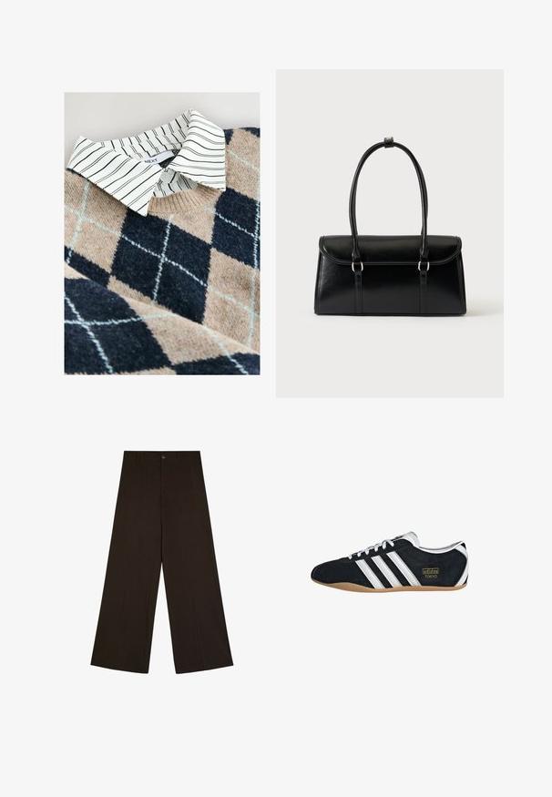 Pull en tricot avec un motif argyle beige et marine, accompagné d'une chemise coll classique à rayures blanches en dessous et d'un matériau texturé et doux.; Pantalon marron foncé à jambes larges avec fines rayures verticales, fermeture par boutons et passants de ceinture, posé à plat sur fond blanc.; Sneakers en suede noir avec trois bandes blanches, logo doré et semelle en caoutchouc marron. Présente un design à lacets à profil bas.; Sac à main rectangulaire en cuir noir avec fermeture à rabat et deux longues anses sur fond blanc uni.