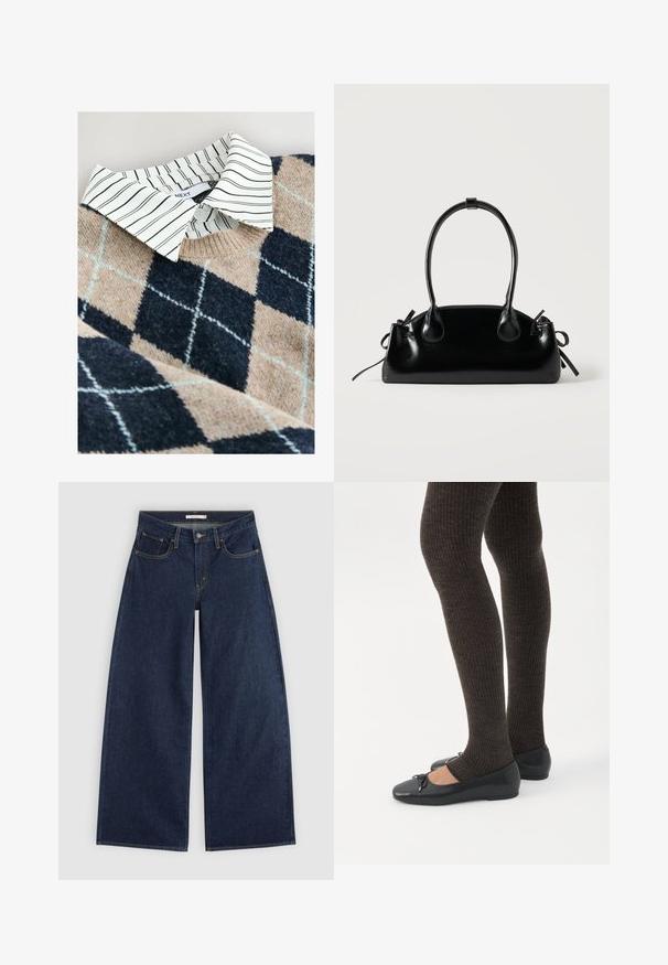 Striktrøje med et tan- og navy argyle mønster, en hvidstribet skjorte med krave under, samt et tekstureret, blødt materiale.; Mørkeblå vidde cowboybukser med forlommer, bæltestropper og knaplukning, vist fladt på en lys baggrund.; Ben iført mørke ribbede leggings kombineret med sorte balletsko med små sløjfedetaljer på hvid baggrund.; Lille sort blank håndtaske med to lange håndtag og snøre-detaljer i siden på en ensfarvet lys baggrund.