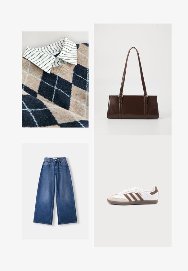 Striktrøje med et tan- og navy argyle mønster, en hvidstribet skjorte med krave under, samt et tekstureret, blødt materiale.; Bredbenet blå denimjeans med forlommer, bæltestropper og knaplukning, lagt fladt på en lys baggrund.; Hvid Adidas Samba sneaker med brune ruskindstriber, brun gummisål og beige ruskindståhætte, vist fra ydersiden på en ensfarvet baggrund.; Brun lakeret håndtaske med rektangulær form, to lange håndtag og subtile buede detaljer på fronten.