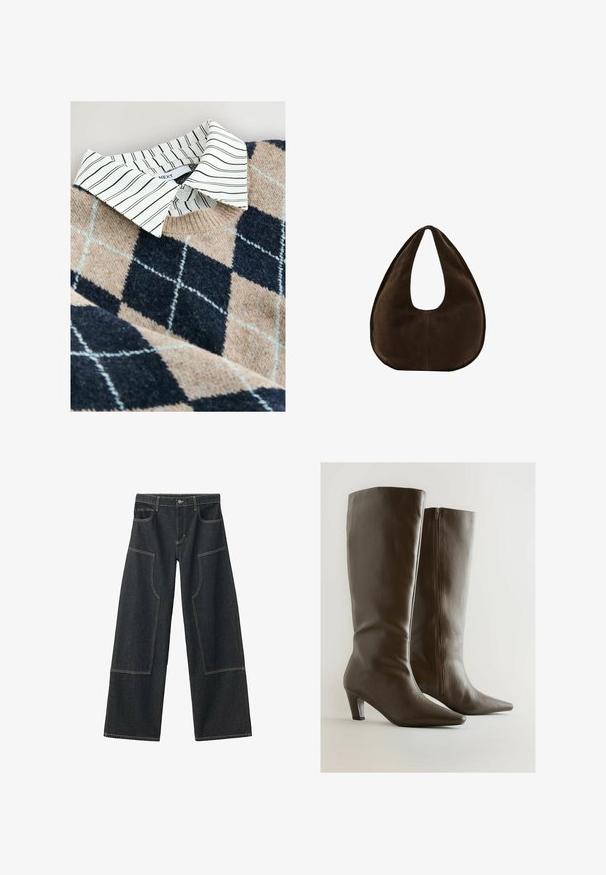 Striktrøje med et tan- og navy argyle mønster, en hvidstribet skjorte med krave under, samt et tekstureret, blødt materiale.; Mørkeblå, bredbenede denimbukser med store forlommer og kontrasterende beige syninger. Har en knaplukning og bæltestropper.; Brune knæhøje læderstøvler med sidelås og lave, tilspidsede hæle på en neutral baggrund.; Mørkebrun ruskind skuldertaske formet som en halvmåne med en bred rem og glat tekstur på en hvid baggrund.