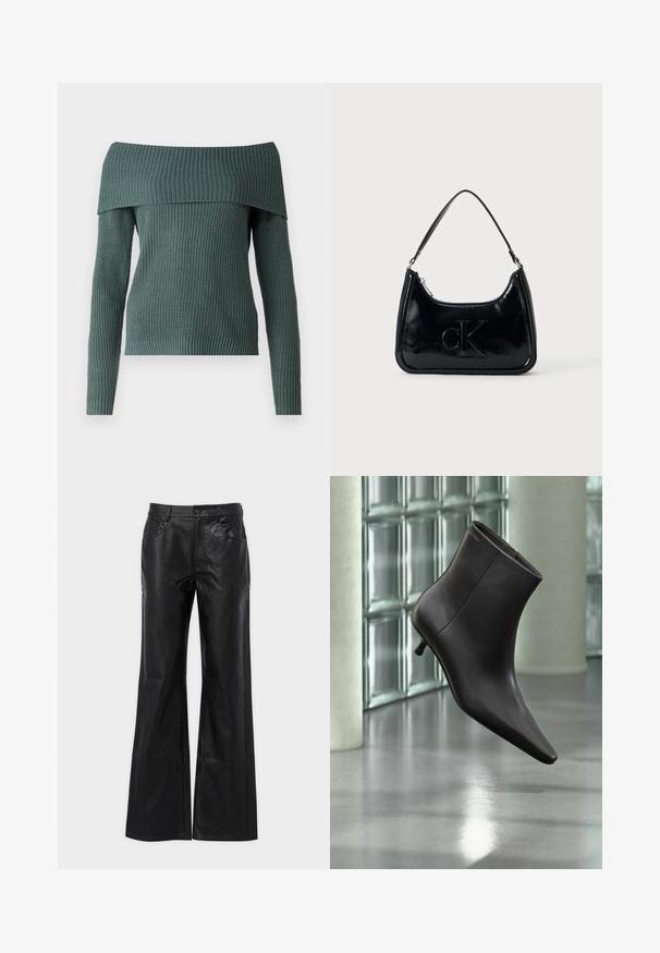 ONLY ONLMELTON LIFE OFF SHOULDER - Džemper - balsam green; Mustad nahast flared püksid, millel on sile tekstuur, metallist nööpkinni ja esi-taskud. Omab kõrget vööd ja vormitud siluetti.; Mustast nahast pahkluu saabas terava varbaotsaga ja väikese kontsaga, esitletud klaasplokkidest seina ja poleeritud põranda taustal.; Must musta kott, millel on kaarjas ülemine käepide, lukuga sulgemine ja esiküljel tõstetud "cK" logo. Sile tekstuur, struktureeritud kuju.