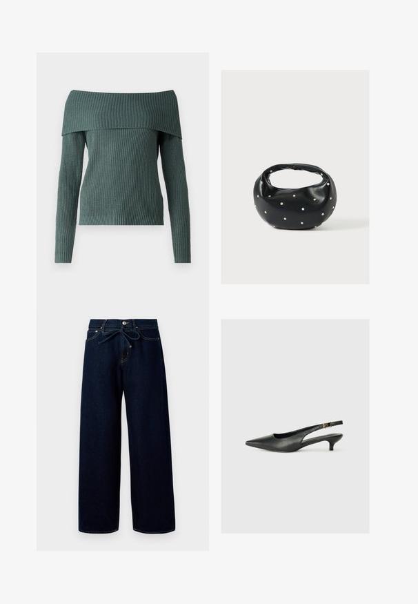 ONLY ONLMELTON LIFE OFF SHOULDER - Svetrík - balsam green; Tmavomodré široké džínsy vyrobené z denimu, s predným zapínaním na gombík a sťahovacím pásom, so kontrastnými švíkmi.; Čierne body topánky s otvorenou pätou vyrobené z hladkej kože. Zobrazuje tenké opätky a ozdobný detail s prackou na nastaviteľnom popruhu.; Čierna kožená kabelka s zaobleným tvarom, zdobená striebornými cvočkami a krátkym rúčkou. Hladká textúra a zapínanie na zips.