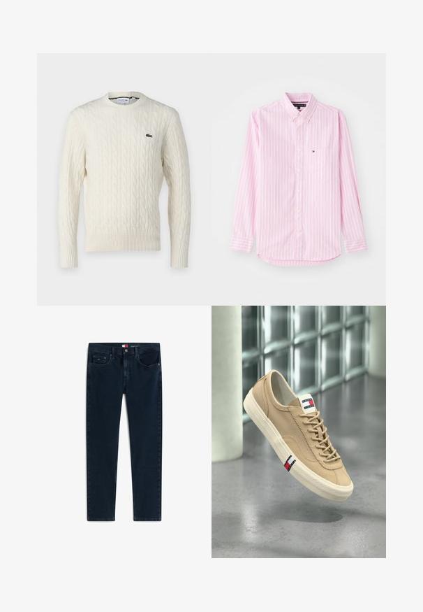 Creme kabelstrikket sweater med rund halsudskæring, ribbede manchetter og kant, samt et grønt Lacoste-logo på brystet. Den teksturerede stof forbedrer detaljerne.; Langærmet lyserød skjorte med hvide lodrette striber, knapper foran, knaplukning i kraven og lille brystlomme med logo.; Mørkeblå slim-fit jeans med fem lommer, knap- og lynlås lukning samt lille mærke logo på højre forlommes front.; Beige canvas sneaker med hvid sål, snørebånd og Tommy Jeans-logo på pløsen og siden, vist foran en væg af glasblokke.