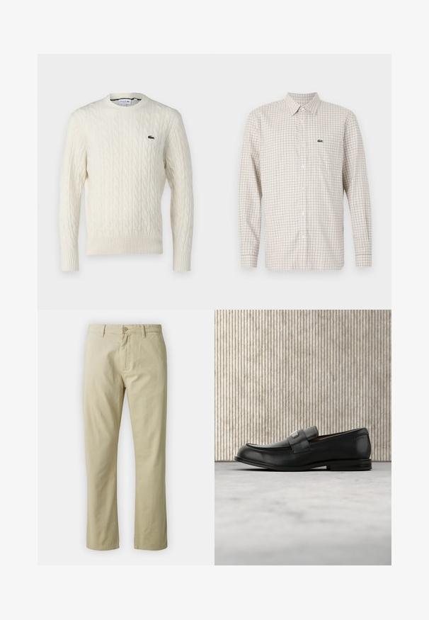 Suéter de punto trenzado color crema con cuello redondo, puños y dobladillo acanalados, y un logo verde de Lacoste en el pecho. La tela texturizada resalta los detalles.; Camisa beige de manga larga con patrón de rejilla en rojo y azul, cierre de botones en el frente, cuello y logotipo verde de cocodrilo en el pecho izquierdo.; Pantalones de algodón beige con un diseño de pierna recta, cierre frontal con botón y presillas para cinturón. Textura suave, sin patrones ni acentos visibles.; Mocasín de cuero negro con una placa metálica de marca apoyado cerca de una mesa redonda marrón sobre un suelo alfombrado beige.