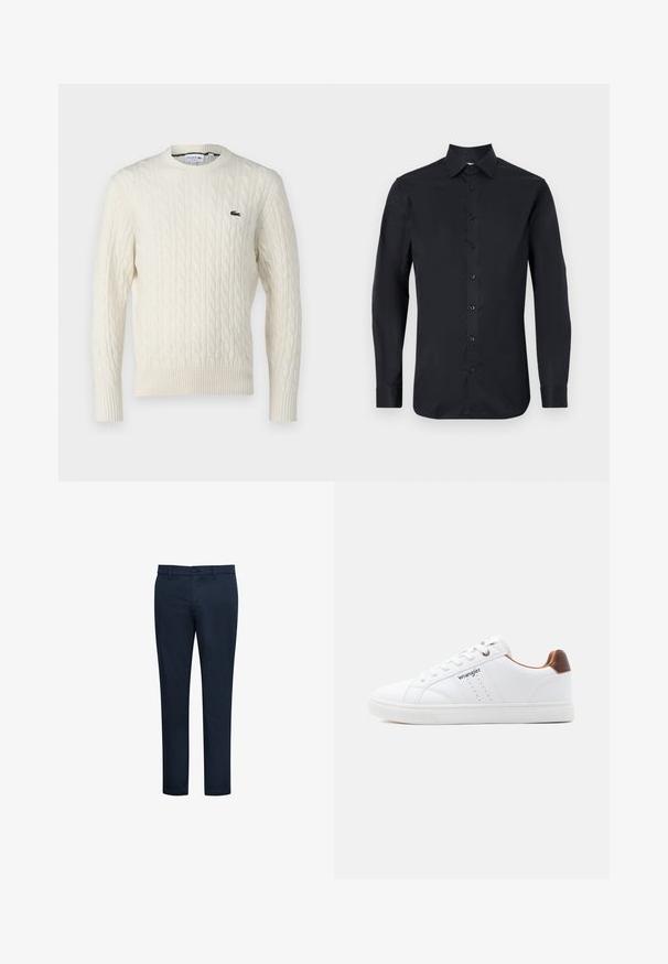 Suéter de punto trenzado color crema con cuello redondo, puños y dobladillo acanalados, y un logo verde de Lacoste en el pecho. La tela texturizada resalta los detalles.; Camisa negra de manga larga fabricada en una tela suave, con un cuello clásico, cierre frontal de botones y puños abotonados.; Pantalones chinos azul marino con textura suave, corte ajustado, trabillas para cinturón, bolsillos frontales y cierre con botón. Diseño limpio y detalles mínimos.; Zapatilla blanca de caña baja con cordones blancos, detalles perforados, logo "Wrangler" en el lateral y acento marrón en el talón sobre un fondo liso.