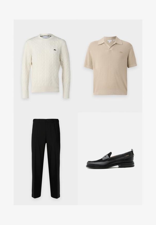 Suéter de punto trenzado color crema con cuello redondo, puños y dobladillo acanalados, y un logo verde de Lacoste en el pecho. La tela texturizada resalta los detalles.; Polo beige con un diseño de punto texturizado, manga corta y cuello en V. Tiene un pequeño logo bordado en el pecho.; Pantalones negros de tela suave, con corte recto, dos bolsillos frontales y cremallera con cierre de botón.; Mocasín de cuero negro con detalle de tira gris, tacón bajo y suela texturizada, con la marca "HUGO" en oro en el lateral.