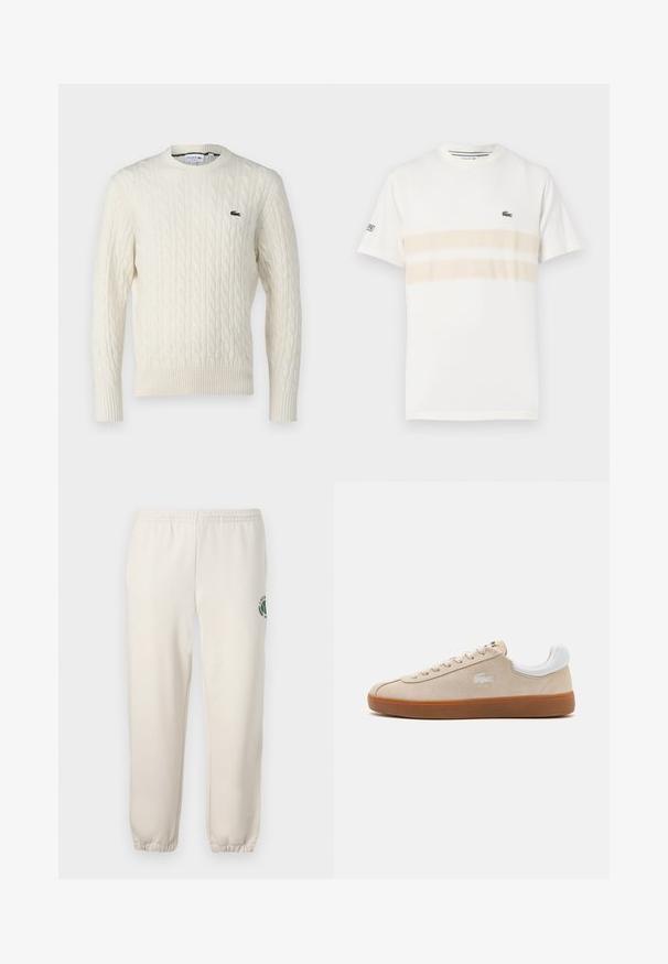 Suéter de punto trenzado color crema con cuello redondo, puños y dobladillo acanalados, y un logo verde de Lacoste en el pecho. La tela texturizada resalta los detalles.; Camiseta de algodón blanca con dos franjas horizontales beige, pequeño logo bordado en el pecho y cuello redondo. Mangas cortas.; Pantalones de chándal de color beige claro, hechos de algodón, con una cinturilla elástica, puños acanalados y un logo verde con diseño de hoja en la pierna izquierda.; Zapatilla de ante beige con detalles en cuero blanco, cierre de cordones plano, suela de goma y logo bordado. La vista lateral muestra un diseño aerodinámico.