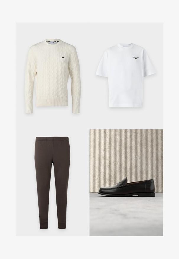 Suéter de punto trenzado color crema con cuello redondo, puños y dobladillo acanalados, y un logo verde de Lacoste en el pecho. La tela texturizada resalta los detalles.; Camiseta de algodón blanca con mangas cortas, que presenta el texto "Jeu Set et Match" y un pequeño logo verde en el lado izquierdo del pecho. Corte clásico.; Pantalones deportivos marrones oscuros fabricados en un tejido suave. Cuentan con una cinturilla elástica y puños ajustados. Diseño minimalista sin patrones.; Mocasín penny de cuero negro con tacón bajo, punta redondeada y detalles cosidos en la parte delantera y los laterales, mostrado sobre un fondo neutro.
