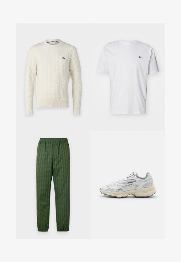 Krémový sveter s pleteným vzorom, okrúhlym výstrihom, rebrovanými manžetami a lemom, a zeleným logom Lacoste na hrudi. Štruktúrovaná tkanina zvýrazňuje detaily.; Biele bavlnené tričko s okrúhlym výstrihom, krátkymi rukávmi a malým zeleným vyšitým logom na hrudi. Klasický rovný strih.; Zelené športové nohavice s elastickým pásom, zúženými nohavicami a celoplošným geometrickým vzorom. Vyrobené z ľahkého materiálu.; Biele športové topánky s šedými akcentmi, sieťovinovou a syntetickou vrchnou časťou, viazanie na šnúrky a texturovanou gumovou podrážkou s protišmykovými vzormi.