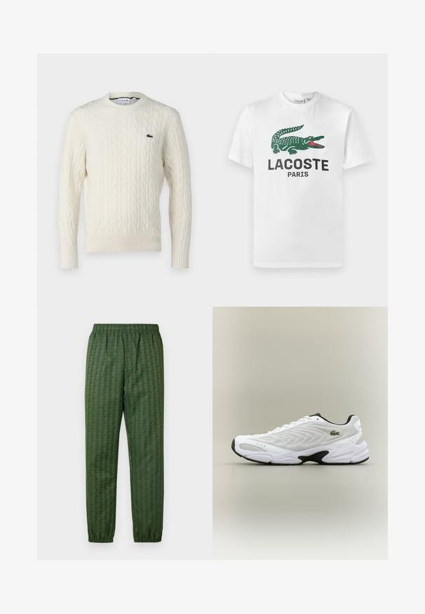 Krémový sveter s pleteným vzorom, okrúhlym výstrihom, rebrovanými manžetami a lemom, a zeleným logom Lacoste na hrudi. Štruktúrovaná tkanina zvýrazňuje detaily.; Lacoste Tričko s potlačou - white; Zelené športové nohavice s elastickým pásom, zúženými nohavicami a celoplošným geometrickým vzorom. Vyrobené z ľahkého materiálu.; Biele atletické tenisky s textúrovaným sieťovinovým zvrškom, zakriveným dizajnom a kontrastnou čiernou podrážkou. S greennou vyšívanou nášivkou na boku.