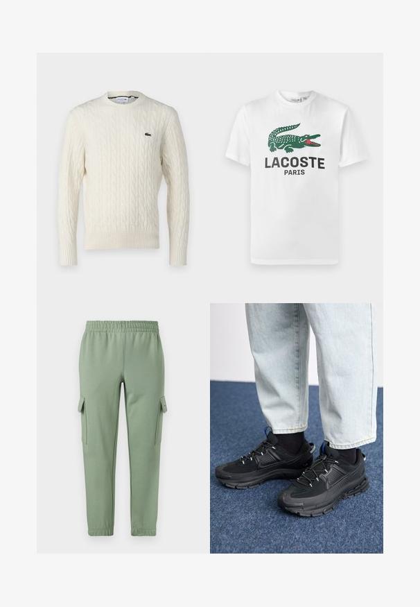 Krémový sveter s pleteným vzorom, okrúhlym výstrihom, rebrovanými manžetami a lemom, a zeleným logom Lacoste na hrudi. Štruktúrovaná tkanina zvýrazňuje detaily.; Lacoste Tričko s potlačou - white; Svetlozelené teplákové nohavice s elastickým pásom, sú zúžené a majú dve bočné vrecká typu cargo. Vyrobené z mäkkej, priedušnej tkaniny.; Čierne športové topánky s textúrovanou tkaninou a gumovou podrážkou, so elastickými šnúrkami a modrým akcentom na päte. Nosia sa s svetlými riflami.