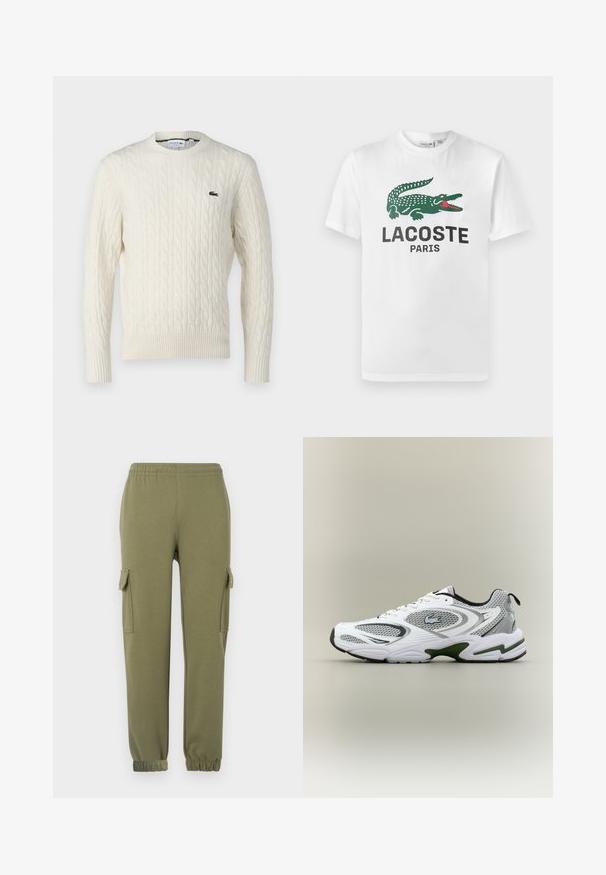 Krémový sveter s pleteným vzorom, okrúhlym výstrihom, rebrovanými manžetami a lemom, a zeleným logom Lacoste na hrudi. Štruktúrovaná tkanina zvýrazňuje detaily.; Lacoste Tričko s potlačou - white; Nohavice cargo v olivovo zelenej ľahkej tkanine, s bočnými vreckami, elastickým pásom a zúženými manžetami pre priliehavý strih.; Biele a šedé športové bežecké topánky so sieťovými panelmi, zelenými akcentmi, čiernymi detailmi a logom na boku, zobrazené z vonkajšej strany.