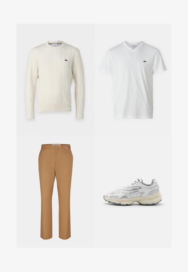 Krémový sveter s pleteným vzorom, okrúhlym výstrihom, rebrovanými manžetami a lemom, a zeleným logom Lacoste na hrudi. Štruktúrovaná tkanina zvýrazňuje detaily.; Biele bavlnené tričko s výstrihom do V, krátkymi rukávmi a malým zeleným krokodílím logom na ľavej hrudi. Jednoduchý a ľahký dizajn.; Hnedé nohavice vyrobené z hladkej tkaniny. Rovný strih s prednou vreckom a malou červenou nášivkou s logom Lacoste blízko pásu.; Biele športové topánky s šedými akcentmi, sieťovinovou a syntetickou vrchnou časťou, viazanie na šnúrky a texturovanou gumovou podrážkou s protišmykovými vzormi.