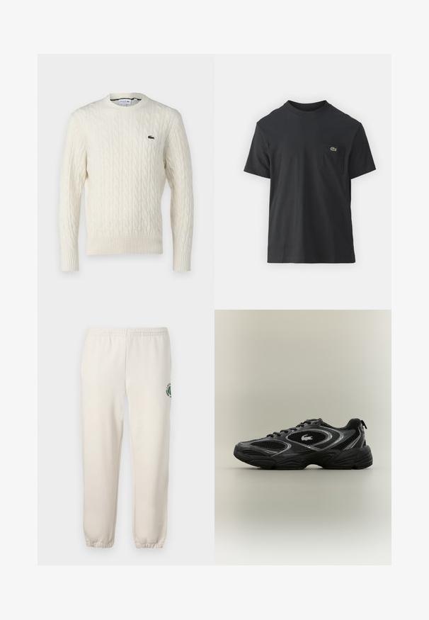 Krémový sveter s pleteným vzorom, okrúhlym výstrihom, rebrovanými manžetami a lemom, a zeleným logom Lacoste na hrudi. Štruktúrovaná tkanina zvýrazňuje detaily.; Čierne bavlnené tričko s krátkymi rukávmi, okrúhlym výstrihom a malým zeleným logom na ľavej náprsnej kapsičke. Jednoduchý dizajn, bežný strih.; Svetlo béžové tepláky z bavlny s elastickým pásom, rebrovanými manžetami a zeleným logom s dizajnom listu na ľavej nohe.; Čierne a šedé atletické tenisky s sieťkovými panelmi, šnurovací dizajn, hrubá podrážka a malá krokodílová logo na boku.
