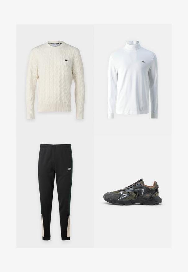 Suéter de punto trenzado color crema con cuello redondo, puños y dobladillo acanalados, y un logo verde de Lacoste en el pecho. La tela texturizada resalta los detalles.; Camisa de cuello alto de manga larga blanca hecha de tela suave, con un pequeño logo bordado verde en el pecho y puños ajustados.; Pantalones de chándal negros con franjas laterales verdes y acentos beiges en los puños. Cintura elástica y logo de Lacoste en la parte frontal. Textura suave.; Zapatillas deportivas con parte superior de material mixto en verde oscuro, gris y negro. Presentan paneles de malla, una suela texturizada y un collar acolchado.