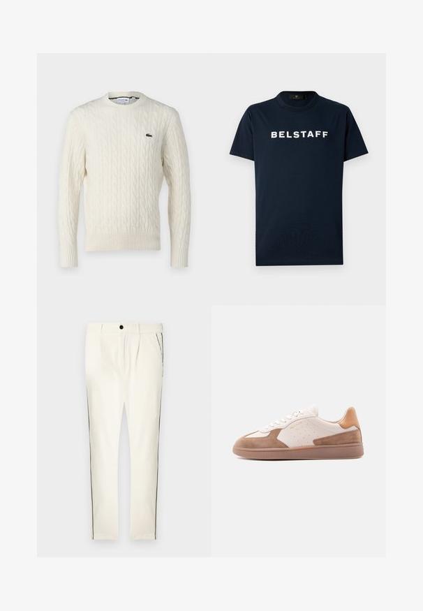 Suéter de punto trenzado color crema con cuello redondo, puños y dobladillo acanalados, y un logo verde de Lacoste en el pecho. La tela texturizada resalta los detalles.; Camiseta de algodón azul marino de manga corta, con cuello redondo y texto blanco "BELSTAFF" impreso en el frente. Diseño sencillo, textura suave.; Pantalones a rayas blancas con un corte ancho, que presentan una franja lateral negra, cierre de botón y pliegues delanteros para un detalle de diseño adicional.; Zapatilla baja blanca y beige con detalles de ante, laterales perforados, cordones blancos y suela de goma texturizada, mostrada de lado sobre un fondo blanco.