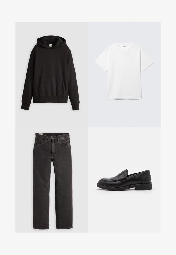 Sort Levi's hoodie med forsidekængurulomme og subtilt logo broderet på brystet, vist mod en ensfarvet lys baggrund.; Hvid kortærmet crewneck T-shirt lagt fladt ud, ensfarvet design, med "WEEKDAY" mærkat inde i kraven på en lys baggrund.; Sorte denim jeans med lige ben, fem lommer og metalbeslag. Stoffet har en let struktur og en ensfarvet finish.; Sorte læder loafers med en rund tå, tonale syninger og en stropdetalje foran. Gummisål med en lav hæl.