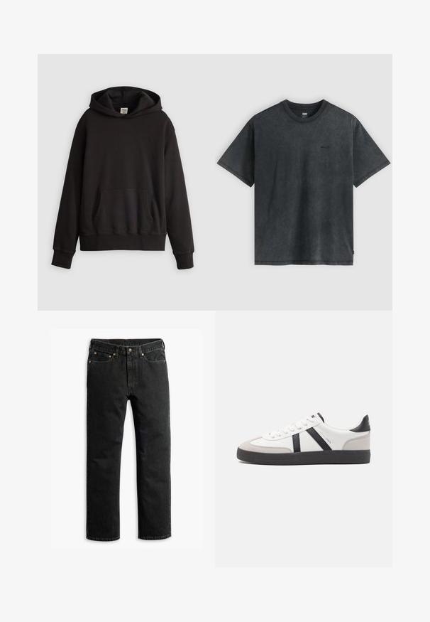 Zwarte Levi's hoodie met een voorste kangoeroezak en een subtiel geborduurd logo op de borst, weergegeven tegen een effen lichte achtergrond.; Zwart gewassen katoenen T-shirt met korte mouwen, ronde hals en klein Levi’s-logo op de linkerborst.; Zwarte rechte spijkerbroek met vijf zakken, riemlussen en een knoopsluiting in de taille, plat gelegd op een witte achtergrond.; Witte sneaker met zwarte en grijze accenten, voorzien van een grijze neus met textuur, zwarte rubberen zool en platte witte veters. Schoon ontwerp, minimalistische stijl.
