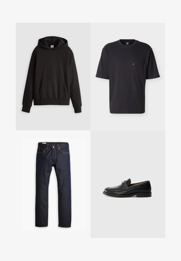 Sort Levi's hoodie med forsidekængurulomme og subtilt logo broderet på brystet, vist mod en ensfarvet lys baggrund.; Sort T-shirt med korte ærmer, rund hals og brystlomme med lille rød Levi's logo på lommen mod ensartet lyst baggrund.; Mørkeblå denimjeans med lige ben, orange syninger og fem lomme-design med metalspænde.; Sorte læder loafers med en glat finish, der har et tekstureret øverste bånd, lav hæl og minimale syninger.