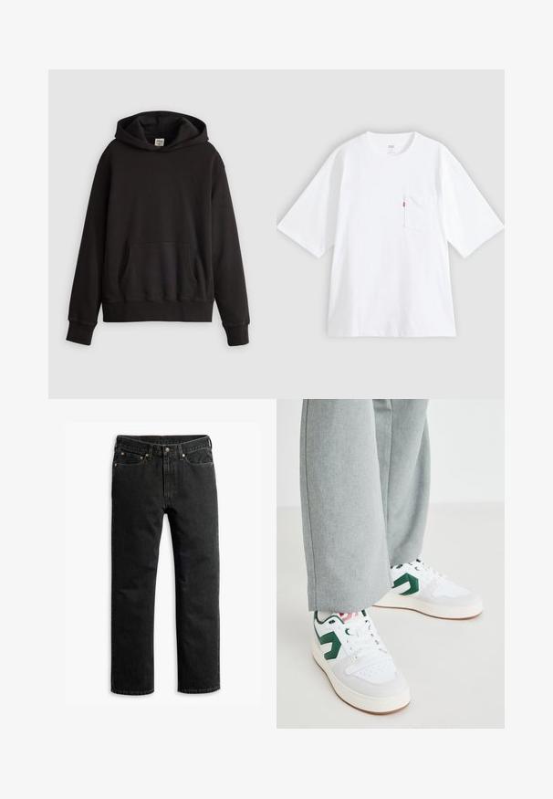 Sort Levi's hoodie med forsidekængurulomme og subtilt logo broderet på brystet, vist mod en ensfarvet lys baggrund.; Hvid bomulds-T-shirt med korte ærmer, rund hals og lomme på venstre bryst. Har en lille rød logoetiket på lommen.; Sorte lige ben denim jeans med fem lommer, bæltestropper og en knaplukning i taljen, lagt fladt på en hvid baggrund.; Hvide og grønne sneakers med glat læder og ruskindsmaterialer, der har en fremtrædende grøn logo-accents og hvide snørebånd. Grå bukser er delvist synlige.