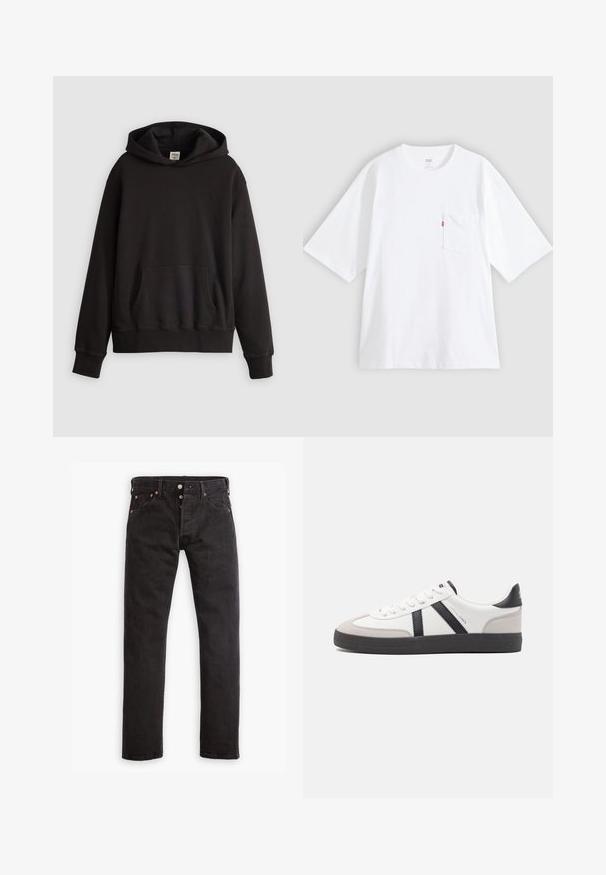 Hoodie noir Levi's avec poche kangourou à l'avant et logo discret brodé sur la poitrine, présentée sur un fond clair uni.; T-shirt en coton blanc à manches courtes, col rond et poche poitrine gauche. Comprend une petite étiquette logo rouge sur la poche.; Jean slim noir avec patte de boutonnage, cinq poches et rivets en cuivre, à plat sur fond blanc.; Baskets blanches avec des accents noirs et gris, présentant un embout texturé gris, une semelle en caoutchouc noir et des lacets plats blancs. Design épuré, style minimaliste.