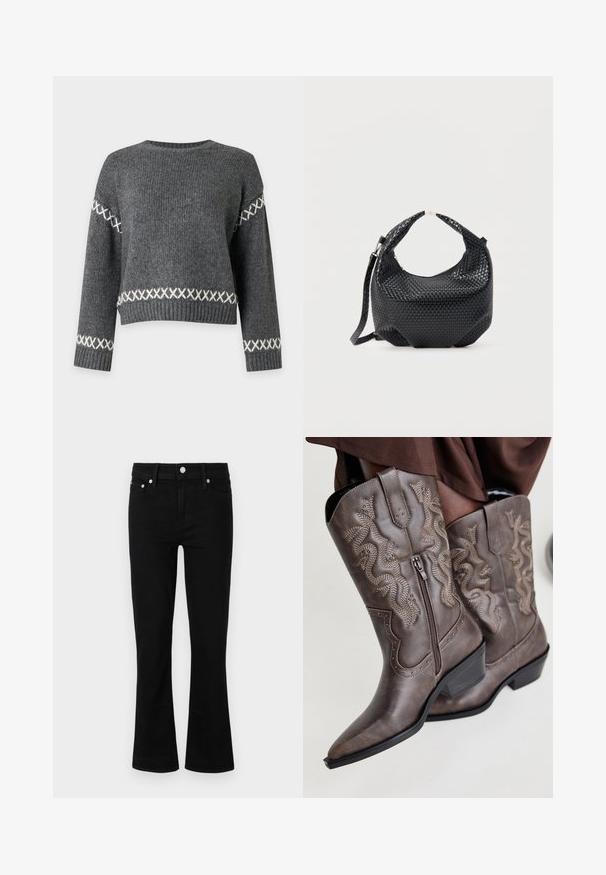 Pull en tricot gris foncé avec des motifs en points de croix blancs sur les manches et près de la taille, col rond, poignets et ourlet côtelés.; Jean en denim noir évasés avec une taille ajustée, design à cinq poches et accents en métal argenté, présentant une texture lisse et une longueur standard.; Bottes de cowboy en cuir marron avec un bout pointu, fermeture éclair sur le côté et design serpent texturé en beige, ornées de clous décoratifs le long des bords.; Sac à main en cuir tressé noir avec poignée courte et bandoulière amovible, présenté sur un fond clair uni.