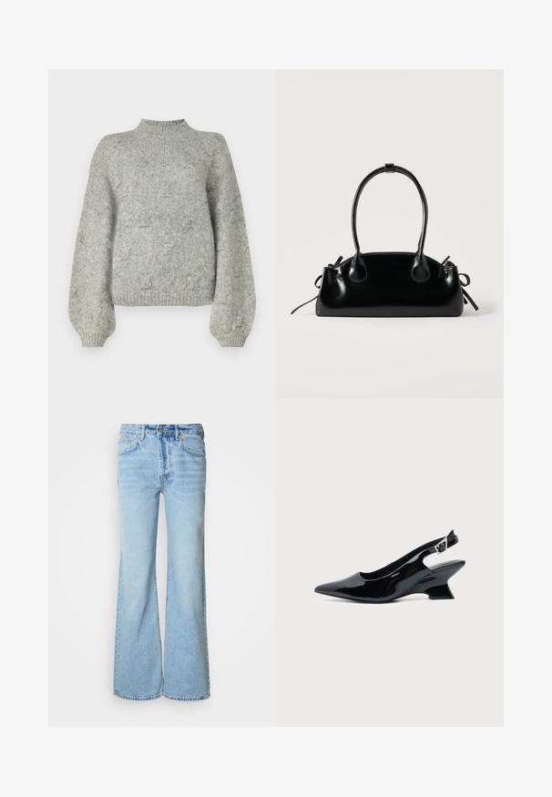 Pull en tricot gris clair avec un col haut, des manches larges et une texture douce. Présente un motif subtil sur l'ensemble.; Jean bleu clair avec une coupe pattes d'éléphant, fabriqué en denim, doté d'une fermeture à bouton sur le devant, cinq poches, et un léger effet délavé.; Chaussure slingback en cuir verni noir avec bout pointu et petit talon bloc incliné sur fond clair uni.; Petit sac à main noir brillant avec deux longues anses et des détails à cordon sur les côtés sur un fond clair uni.