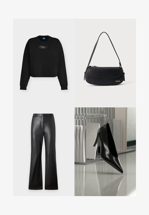 Sweat-shirt court noir avec manches longues, poignets côtelés et logo blanc "Hugo" dans un ovale sur la poitrine.; Pantalons en cuir noir avec une texture lisse, design à jambes larges et une taille mi-haute dotée de passants de ceinture et de poches avant.; Chaussure noire à talon haut avec bout pointu et logo doré, posée sur une surface réfléchissante près d'un organiseur de dossiers en fil chromé contenant des documents.; Sac à épaule en cuir noir avec rabat incurvé, logo doré "HUGO" sur le devant, et une bandoulière réglable.