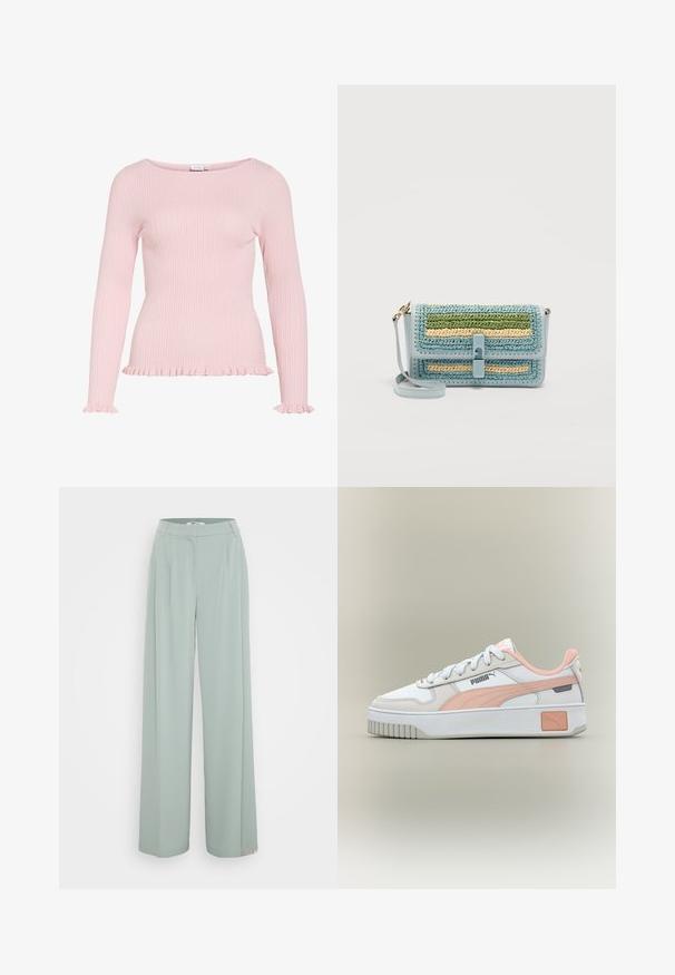 Haut rose clair côtelé à manches longues avec encolure bateau, poignets volantés et détails volantés à l'ourlet.; Pantalons larges vert clair avec une texture lisse, dotés d'une ceinture plate à l'avant et de plis pressés le long des jambes.; Baskets Puma blanches et rose clair avec des lacets blancs, une semelle épaisse et le logo Puma sur le côté et le talon.; Sac bandoulière bleu clair avec des rayures tissées vertes, beige et bleues, une fermeture frontale et une attache de sangle en métal doré.