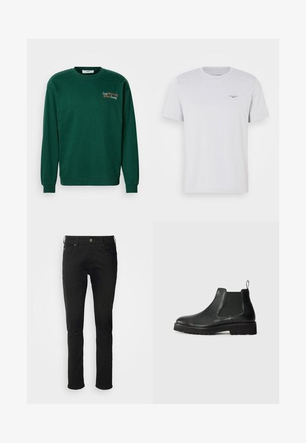 Dunkelgrüner Sweatshirt mit Rundhalsausschnitt, langen Ärmeln und gerippten Bündchen. Mit "Lazy Morning Brew Society" in Orange und Weiß bestickt.; Weißes Baumwoll-T-Shirt mit Rundhalsausschnitt, kurzen Ärmeln und kleinem schwarzem Logo auf der linken Brust. Glatte Textur und normale Passform.; Schwarze Baumwolljeans mit geradem Bein, ausgestattet mit einem frontalen Knopfverschluss, Gürtelschlaufen und regulären Taschen mit einer glatten Textur.; Schwarze Leder Chelsea-Stiefel mit elastischem Seitenpanel, runder Zehenpartie, strukturiertem Sohlenprofil und kleiner Zuglasche an der Ferse.