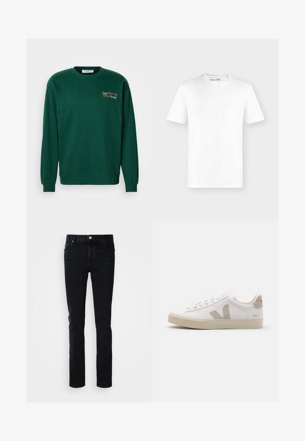 Donkergroene sweatshirt met een ronde hals, lange mouwen en geribbelde manchetten. Is voorzien van de geborduurde tekst "Lazy Morning Brew Society" in oranje en wit.; Effen wit T-shirt met korte mouwen en een ronde hals, voorkant getoond tegen een lichtgrijze achtergrond zonder zichtbare logo's.; Zwarte denim jeans met een slim fit, voorzien van een front pocket, riemlussen en een knoopsluiting. Gladde textuur, minimalistisch ontwerp.; Witte leren sneaker met beige accenten, platte rubberen zool, ronde neus en contrasterend logo aan de zijkant en achterkant. Vetersluiting.