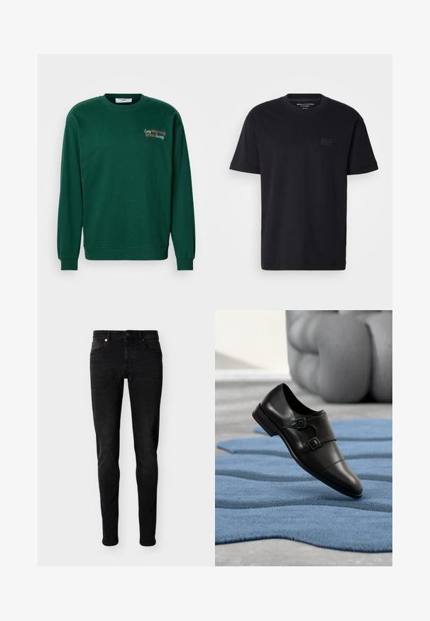 Mørkegrøn sweatshirt med rund hals, lange ærmer og ribbede manchetter. Funktioner "Lazy Morning Brew Society" broderet i orange og hvid.; Sort bomulds t-shirt med korte ærmer, rund halsudskæring og en tekstureret, sort logo-patch på brystet. Glat, let stof.; Sorte skinny-fit jeans med fem lommer, knaplukning og bæltestropper, vist på en ensfarvet lysegrå baggrund.; Sort lædersko med to spænder, spids tå, glat tekstur, forhøjet sål, placeret over en blå tekstureret måtte.