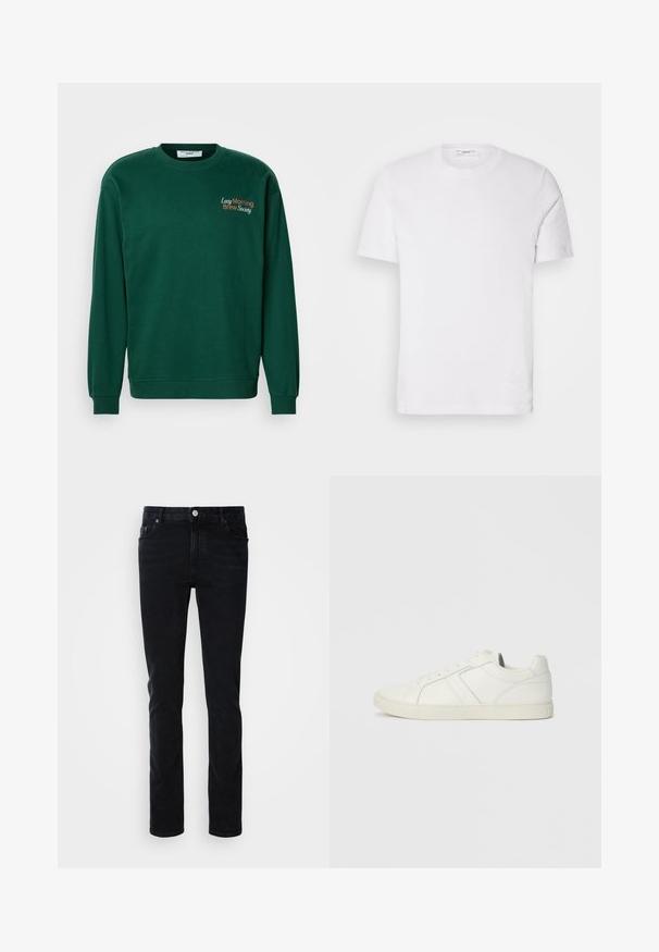 Mørkegrøn sweatshirt med rund hals, lange ærmer og ribbede manchetter. Funktioner "Lazy Morning Brew Society" broderet i orange og hvid.; Hvid bomulds T-shirt med rund halsudskæring og korte ærmer. Har et diskret brandlogo på fronten, glat tekstur og klassisk pasform.; Sort denimjeans i slim fit, med en frontlomme, bæltestropper og knaplukning. Glat tekstur, minimalistisk design.; Lave hvide lædersneakers med snørebånd og flad gummisål, set fra indersiden på en ensfarvet baggrund.