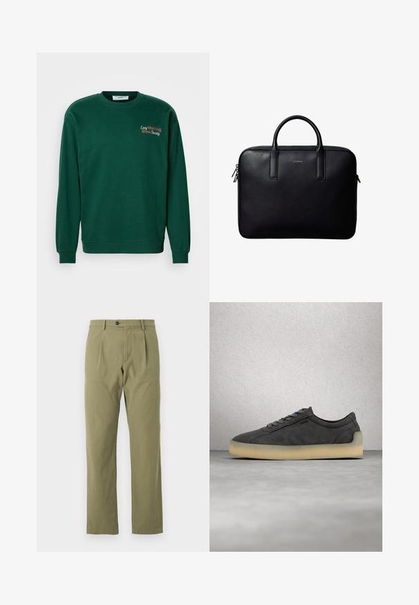 Mørkegrøn sweatshirt med rund hals, lange ærmer og ribbede manchetter. Funktioner "Lazy Morning Brew Society" broderet i orange og hvid.; Olivenfarvede bukser lavet af en blanding af bomuldsstof, med en afslappet lige pasform, frontfolder og en enkelt knaplukning i taljen.; Mørkegrå ruskindsneakers med lys beige sål og grå snørebånd, svævende over en poleret betongulv ved en væg af glastavler.; Sort lædermappe med dobbelte håndtag, rektangulær form og sølvfarvede lynlås træk, med en lille præget logo i midten.