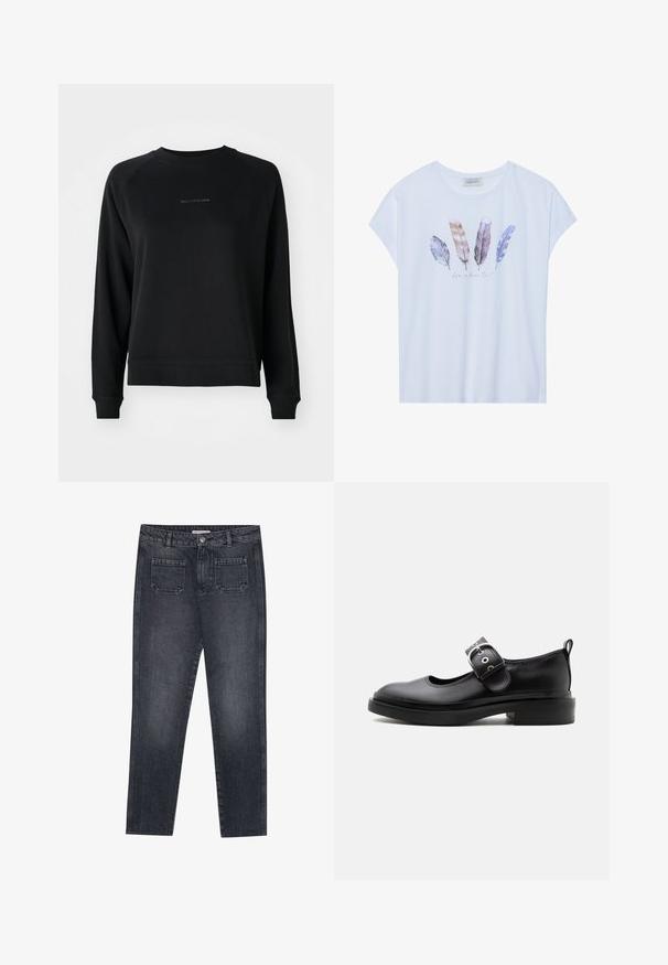 Zwarte sweatshirt met lange mouwen, geribde manchetten en zoom. Voorzien van een subtiele grijze logo aan de voorkant. Gemaakt van een zachte katoenmix.; Witte T-shirt met korte mouwen, voorzien van een afbeelding van kleurrijke veren en de tekst "het leven is mooi" in een zachte, cursieve lettertype.; Donkergrijze denim jeans met een rechte pasvorm. Bevat twee achterzakken, een knoopsluiting en riemlussen. Subtiele vervagingsstructuur.; Zwarte leren Mary Jane-schoen met dikke zool, afgeronde neus, zilveren gespsluiting en een treklus aan de achterkant.
