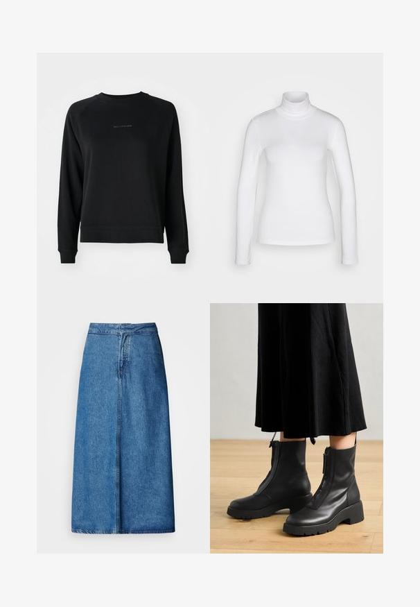 Čierna mikina s dlhými rukávmi, rebrovanými manžetami a lemom. Na prednej strane sa nachádza jemné logo v sivej farbe. Mäkká bavlnená zmes.; Biela dlhá rukáv turtleneck košeľa vyrobená z hladkej, pružnej látky. Má priliehavý strih a vysoký golier. Bez viditeľných vzorov alebo akcentov.; Džínová midi sukňa s voľným strihom, s vysokým pásom, ohrnutým lemom a v jednofarebnej modrej farbe. Jednoduchý dizajn bez viditeľných ozdôb.; Čierne kožené členkové topánky s masívnou platformou a predným zipsom. Hladká textúra s minimalistickým dizajnom.