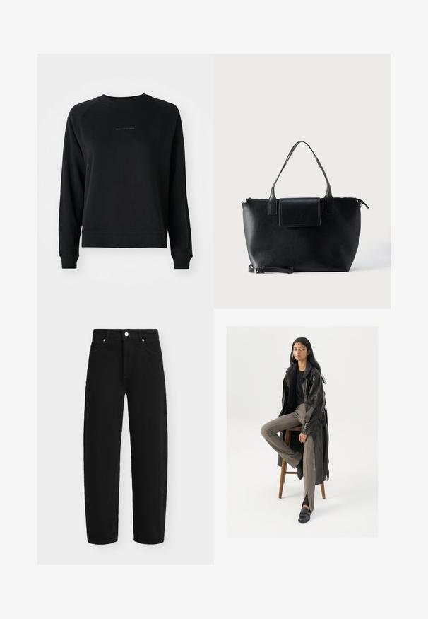 Sweatshirt noir à manches longues, avec des poignets et un ourlet côtelés. Présente un logo subtil gris sur le devant. Tissu en mélange de coton doux.; Jean noir droit avec bouton avant et poches, présenté à plat sur un fond clair.; Manteau trench en cuir noir avec des boutons et une ceinture, associé à un pantalon ajusté marron clair et des mocassins noirs, assis sur un tabouret en bois.; Sac cabas en cuir noir avec deux poignées, une bandoulière amovible, une fermeture à rabat magnétique et une texture lisse. Fermeture supérieure zippée et surpiqûres décoratives.