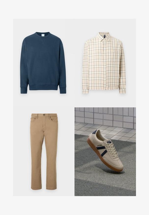 Sweat-shirt bleu marine à col rond, manches longues, poignets et ourlet côtelés, avec un petit détail en V cousu sous le col.; Chemise à manches longues en plaid beige avec fermeture à boutons sur le devant, une poche poitrine unique et un col classique, présentée sur un fond uni.; Pantalon beige à jambes droites avec bouton frontal, fermeture éclair, passants de ceinture et design à cinq poches sur fond blanc.; Baskets beiges avec une finition texturée, bandes navy et semelle en caoutchouc. Équipées d'une languette rembourrée et d'un système de laçage traditionnel pour un maintien sécurisé.
