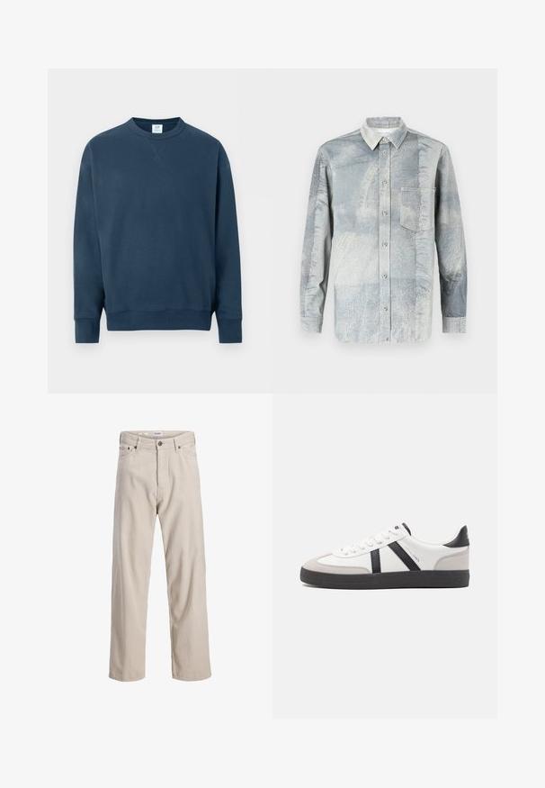 Sweat-shirt bleu marine à col rond, manches longues, poignets et ourlet côtelés, avec un petit détail en V cousu sous le col.; Chemise boutonnée en bleu clair avec un motif texturé, dotée d'un col, de manches longues et d'une poche poitrine unique.; Pantalon droit en velours beige, avec une texture côtelée, un design à cinq poches et une fermeture à boutons.; Baskets blanches avec des accents noirs et gris, présentant un embout texturé gris, une semelle en caoutchouc noir et des lacets plats blancs. Design épuré, style minimaliste.