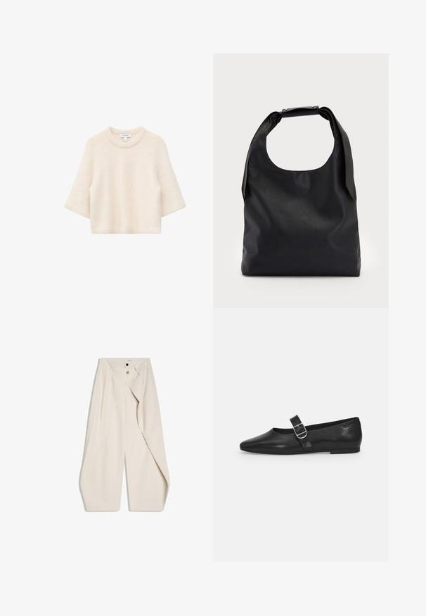 Pull en tricot doux de couleur crème avec manches trois-quarts et col rond, présenté sur un fond blanc.; Pantalon beige à jambes larges avec fermeture à double bouton et devant plissé. Tissu lisse aux lignes épurées sans motifs visibles.; Chaussure plate en cuir noir avec un bout arrondi, une seule sangle réglable à boucle et une texture lisse et brillante. Design minimaliste avec un petit talon.; Sac à main en cuir noir avec une grande ouverture sur le dessus et une seule bandoulière. Texture douce, design minimaliste, avec des accents métalliques discrets.
