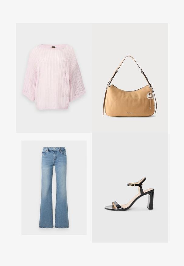 Pull rose clair en tricot avec une coupe ample, des manches larges et un motif texturé. Encolure arrondie et tissu doux et transparent.; Jean en denim bleu clair avec taille haute, fermeture par bouton et zip, poches avant et arrière, et jambes évasées.; Sandale à talons hauts en cuir verni noir avec une bride au niveau de la cheville, bout ouvert et talon carré. Texture lisse et design minimaliste.; Sac à bandoulière en cuir marron clair avec sangle réglable, fermeture éclair argentée et pendentif rond en métal avec le logo MK suspendu sur le côté.