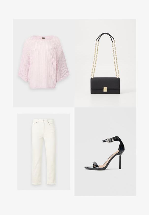 Pull rose clair en tricot avec une coupe ample, des manches larges et un motif texturé. Encolure arrondie et tissu doux et transparent.; Pantalon droit couleur écrue avec fermeture à bouton et zip sur le devant, passants pour ceinture et poches avant, présenté sur un fond uni.; Sandale à talon haut en cuir verni noir avec bride à la cheville. Présente un design minimaliste, un bout ouvert et une boucle ornée de strass.; Sac à main en cuir noir de forme rectangulaire, avec une chaîne en or et un détail de fermoir carré en or. Texture lisse, design minimaliste.