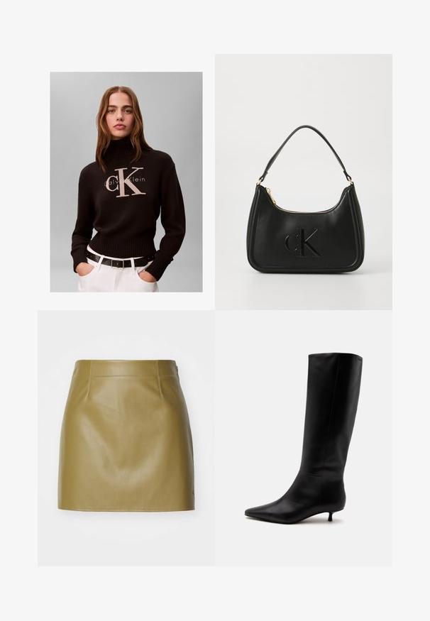 Kvinde med langt hår iført en sort Calvin Klein rullekravetrøje og hvide bukser med sort bælte mod en ensfarvet baggrund.; Olivengrøn læder mini-nederdel med en glat overflade, der har to forreste sømme og en lige pasform, afsluttet med minimalistiske syninger.; Sort læder knæhøj støvle med spids snude og lav kittenhæl mod en ensfarvet lys baggrund.; Sort læder håndtaske med en buet form, der har en guldfarvet lynlås og et subtilt præget "cK" logo. Glat tekstur og et enkelt håndtag.