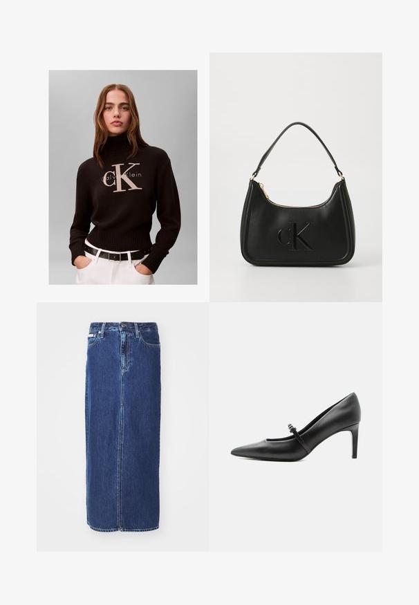 Kvinde med langt hår iført en sort Calvin Klein rullekravetrøje og hvide bukser med sort bælte mod en ensfarvet baggrund.; Mørkeblå denimnederdel, knælang, med slidse foran, traditionel talje og fem-lommes design med kontrasterende syninger.; Sort læderspids højhælede sko med tynd rem og spænde over vristen, stående på en neutral lys baggrund.; Sort læder håndtaske med en buet form, der har en guldfarvet lynlås og et subtilt præget "cK" logo. Glat tekstur og et enkelt håndtag.