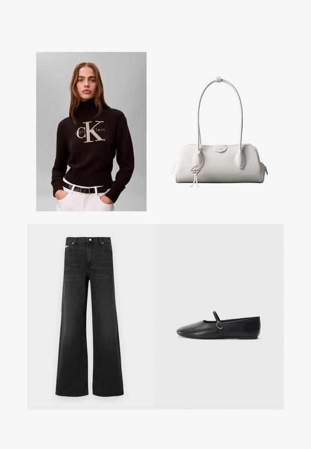 Vrouw met lang haar die een zwarte Calvin Klein coltrui draagt en witte broek met zwarte riem tegen een effen achtergrond.; Zwarte wijde denim jeans met knoop- en ritsluiting aan de voorkant, riemlussen en vijf zakken.; Zwarte leren balletschoenen met een spitse neus, platte zool en een kleine strap met een zilveren gespsluiting.; Witte Calvin Klein schoudertas met lange hengsels, rechthoekige vorm, ritssluiting en decoratieve logohanger bij het hengsel.