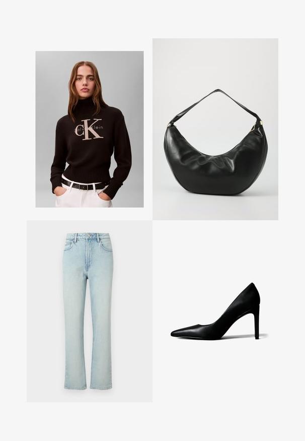 Kvinde med langt hår iført en sort Calvin Klein rullekravetrøje og hvide bukser med sort bælte mod en ensfarvet baggrund.; Lyseblå jeans med høj talje og lige ben, med forreste knap, bæltestropper og klassisk femlomme design mod en ensfarvet baggrund.; Sort læder damesko med spids tå og høj, slank stilet-hæl på hvid baggrund.; Sort læder skuldertaske med en buet form, blød tekstur og en enkelt rem; har en guldbeslået lynlås og diskret branding.