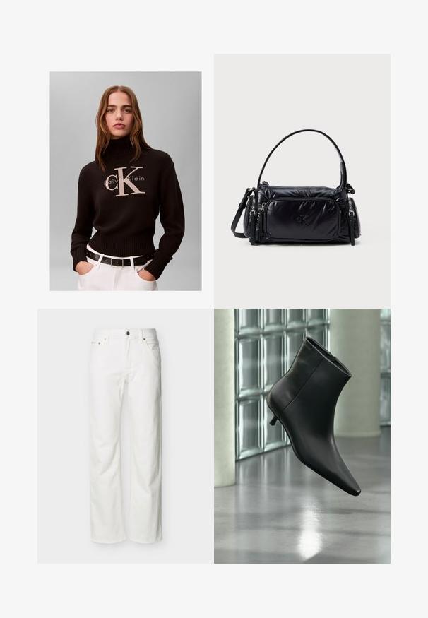 Vrouw met lang haar die een zwarte Calvin Klein coltrui draagt en witte broek met zwarte riem tegen een effen achtergrond.; Witte jeans met rechte pijpen, voorzakken, riemlussen, knoopsluiting en zichtbare stiksels tegen een effen achtergrond.; Zwarte leren enkellaars met spits toelopende neus en lage kittenhak, schuin weergegeven tegen een gepolijste vloer en een glazen blokken muur als achtergrond.; Zwarte nylon handtas met een puffy design, ronde schouderband, een voorzak met rits en een subtiel logo dat op de voorkant is gedrukt.