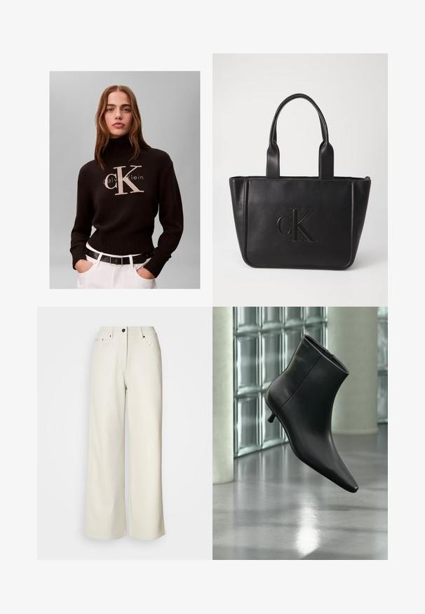 Mujer con cabello largo que lleva un suéter de cuello alto negro de Calvin Klein y pantalones blancos con cinturón negro sobre un fondo liso.; Pantalones de pierna ancha color crema, confeccionados en una tela suave. Cuentan con una cintura de altura media, cierre con cremallera y dos bolsillos delanteros con detalles en hardware negro.; Botín negro de cuero con punta puntiaguda y tacón bajo estilo kitten, mostrado en ángulo sobre un suelo pulido y con una pared de bloques de vidrio de fondo.; Bolso tote de cuero negro con dos asas; presenta un logo en relieve "cK"; forma rectangular; textura suave; diseño minimalista.