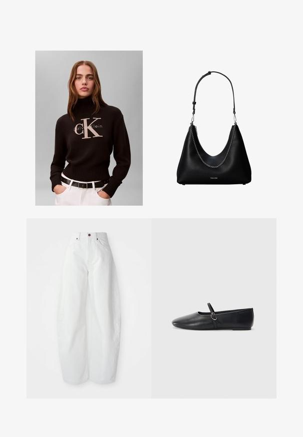 Vrouw met lang haar die een zwarte Calvin Klein coltrui draagt en witte broek met zwarte riem tegen een effen achtergrond.; Hoge taille witte spijkerbroek met een losse pasvorm. Voorzien van een knoopsluiting, zijzakken en een minimalistisch ontwerp. Glad textuur.; Zwarte leren balletschoenen met een spitse neus, platte zool en een kleine strap met een zilveren gespsluiting.; Zwarte leren handtas met een zilveren kettingdetail en verstelbare schouderriem, met het Calvin Klein-logo aan de voorkant.